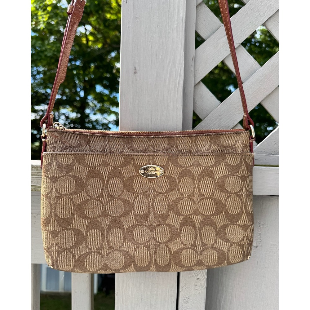 Coach Signature C Canvas Crossbody Bag Khaki Brown Leather Adjustable Strap